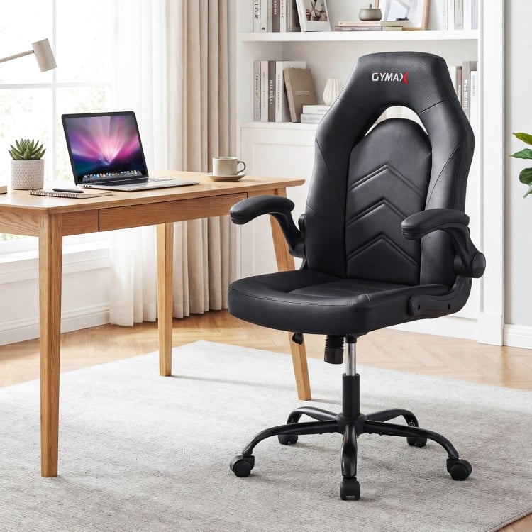 Leather Office Chair Ergonomic Computer Desk Chair with Flip-up Armrests-Black