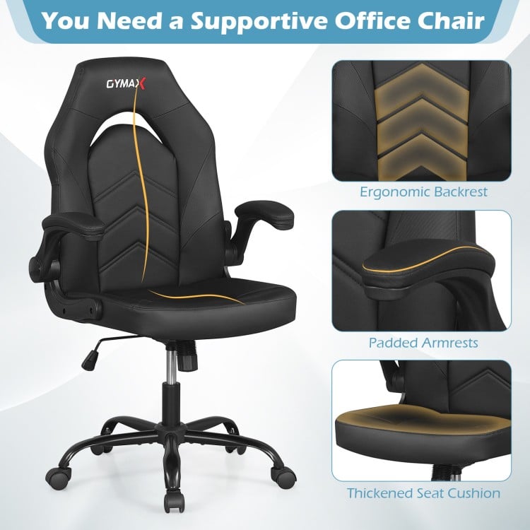 Leather Office Chair Ergonomic Computer Desk Chair with Flip-up Armrests-Black