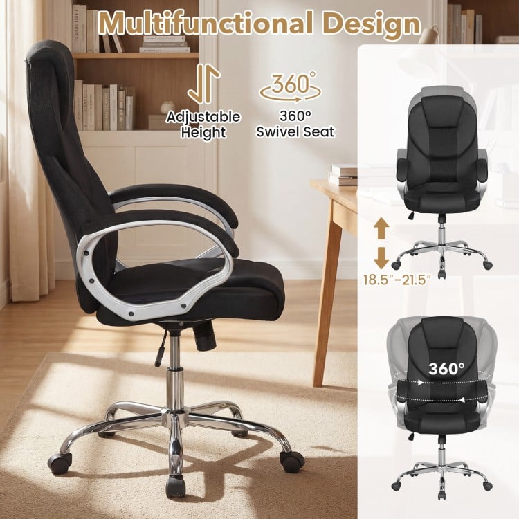 Leather Office Chair Ergonomic Mesh Executive Chair with Padded Armrests and Rocking Backrest-Black