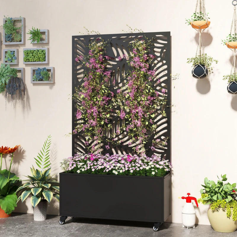 Metal Planter Box with Trellis, Raised Garden Bed with Monstera Leaf Cut-Out Privacy Screen and Wheels