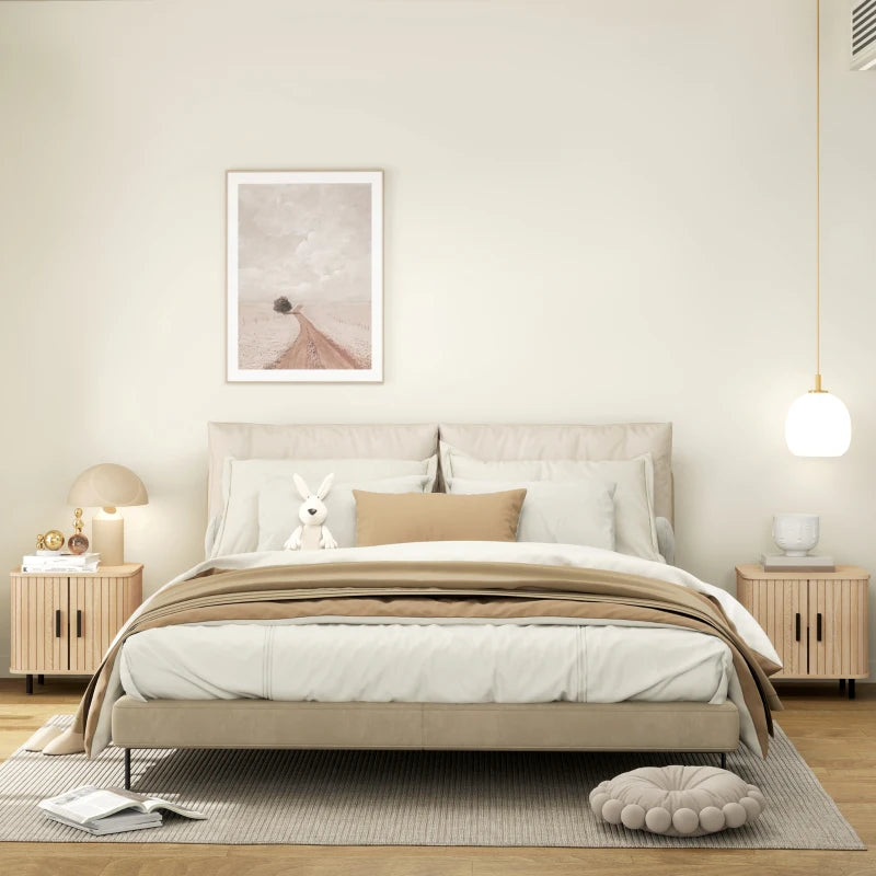 Nightstand Set of 2, Side Table with Shutter Doors, Sofa End Table with Steel Frame, for Bedroom, Living Room, Oak