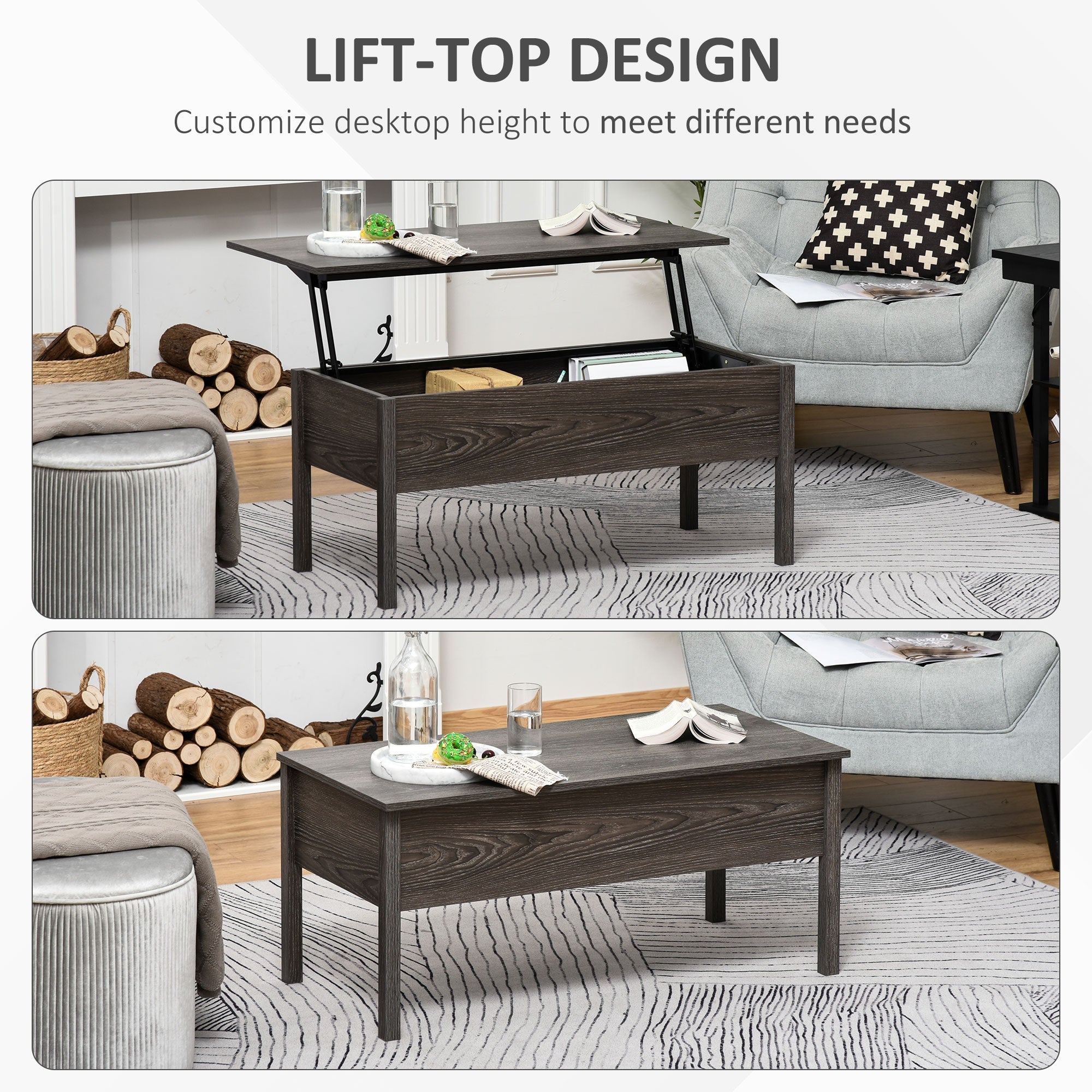 HOMCOM Grey 39" Modern Lift Top Coffee Table: Center Table with Hidden Storage Compartment for Living Room