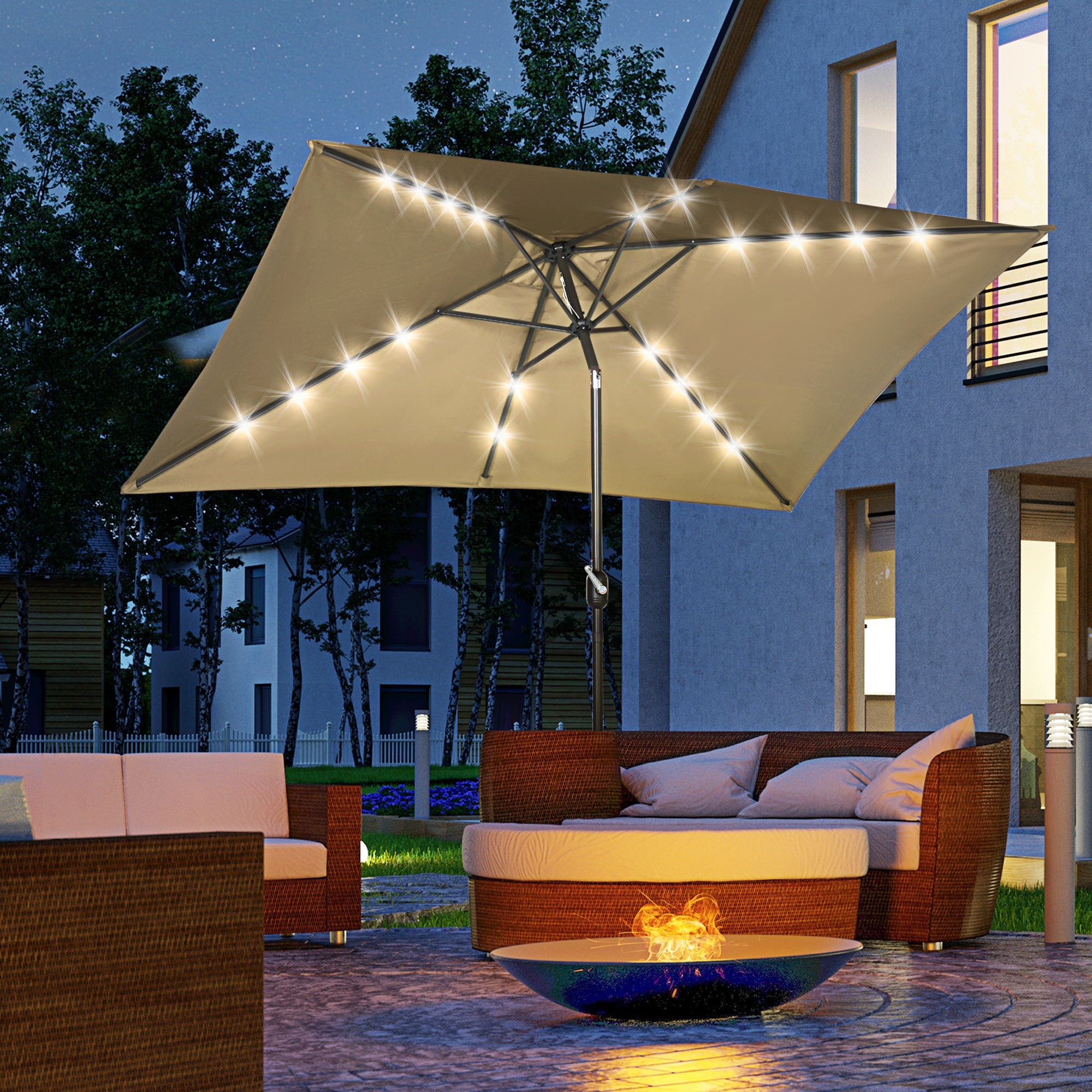 Outsunny Patio Umbrella 6.5x10ft Rectangle Solar LED Outdoor Parasol Aluminum Tilt Market Umbrella Light Coffee