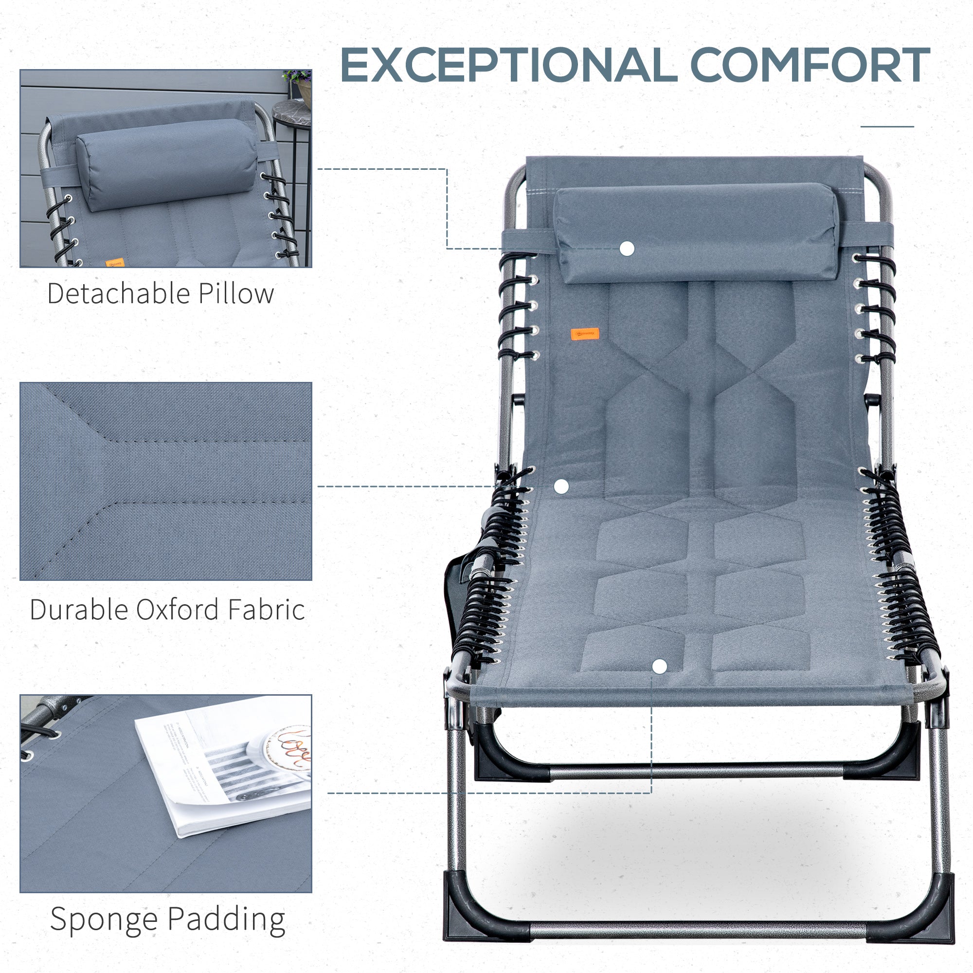 Outsunny Folding Chaise Lounge Chair Outdoor Padded Recliner 5-Position Adjustable Backrest Pillow Pocket Grey