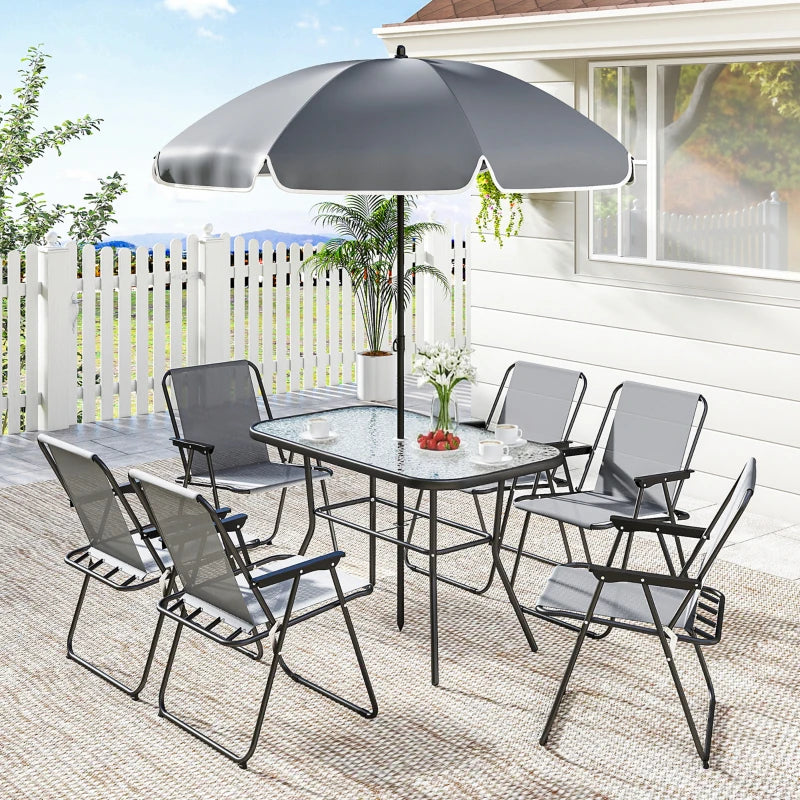 8 Piece Patio Table and Chairs Set with Folding Chairs, Tempered Glass Tabletop and Umbrella for Garden, Grey