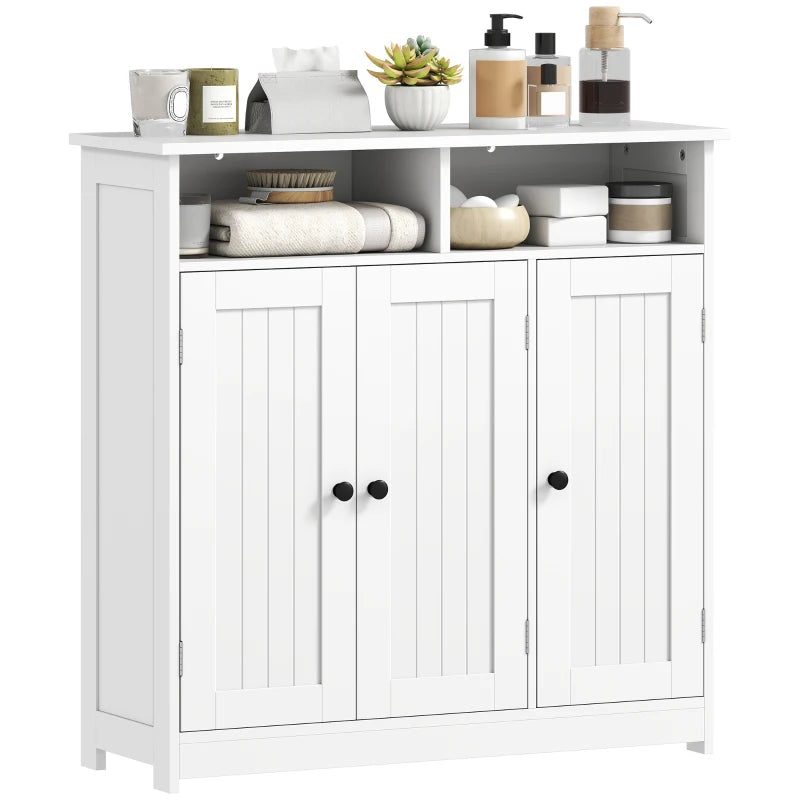 Bathroom Floor Cabinet, Freestanding Bathroom Storage Unit with 3 Doors, 2 Open Shelves and Adjustable Shelf, White