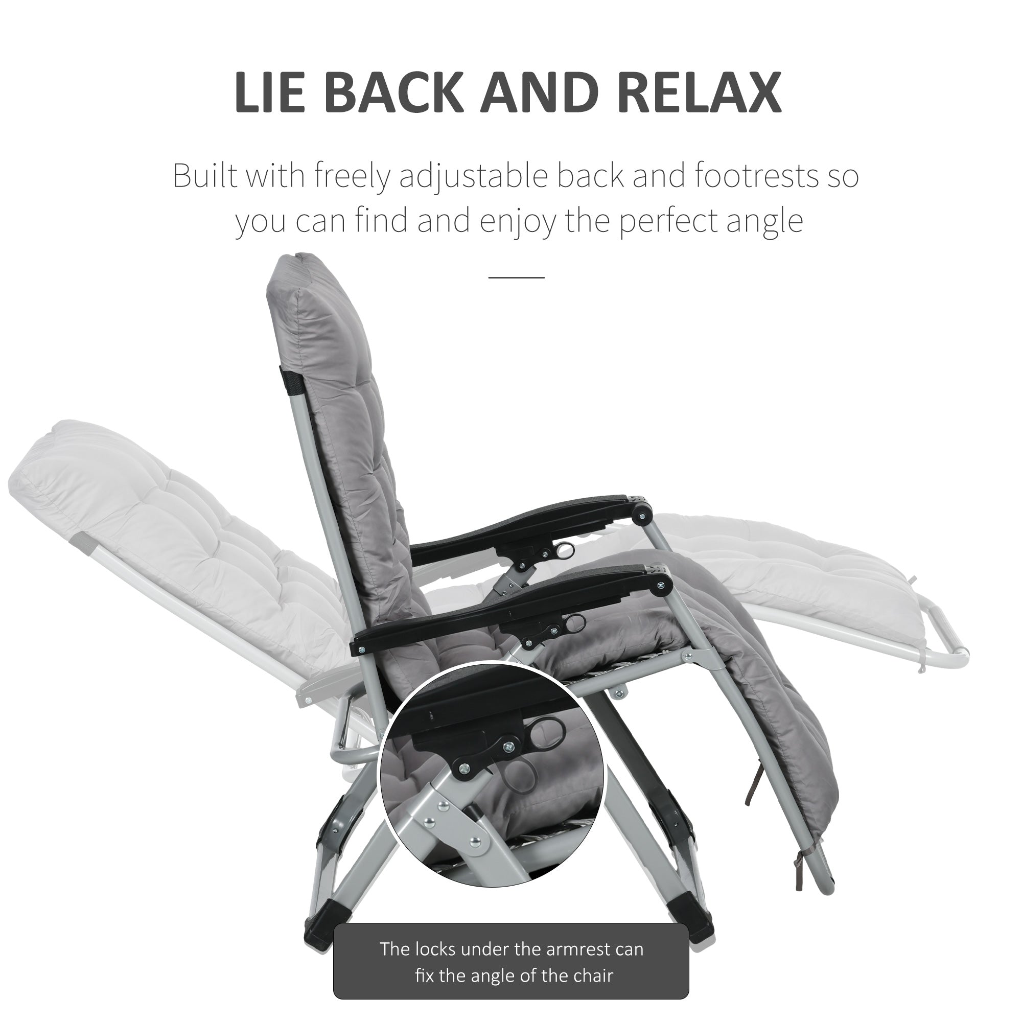 Outsunny Garden Chairs Set of 2 Reclining Zero Gravity Sun Lounger with Cushion Grey Outdoor