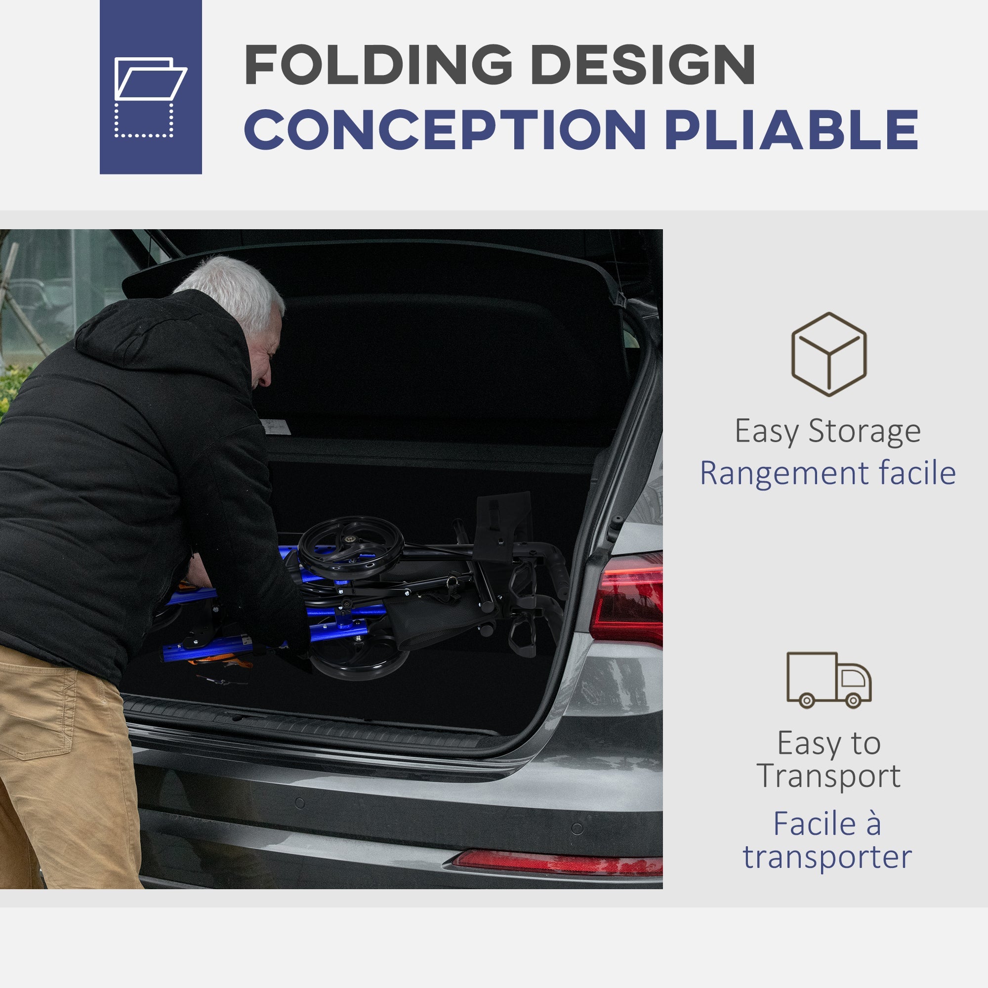 HOMCOM Rollator for Seniors with Seat, Back, Cane Holder, Aluminium Folding Rolling Walker with Adjustable Handle, Bag, Blue