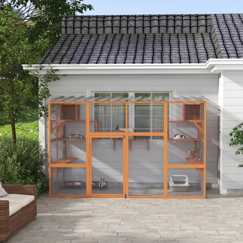 Cat Catio, Large Outdoor Cat Enclosure with 2 Condos, Jumping Platforms, Waterproof Roof, Orange