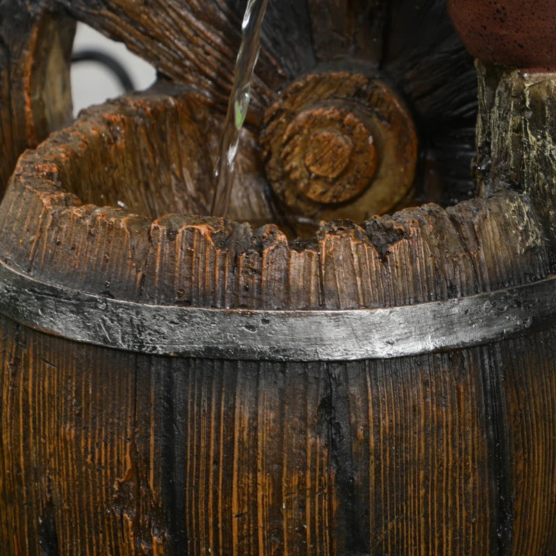 Rustic Waterfall Fountain with Old Fashion Pump Barrel Wheel, 3-Tier Cascading Outdoor Fountain with Adjustable Flow, Decorative Water Feature for Zen Garden, Deck, Porch