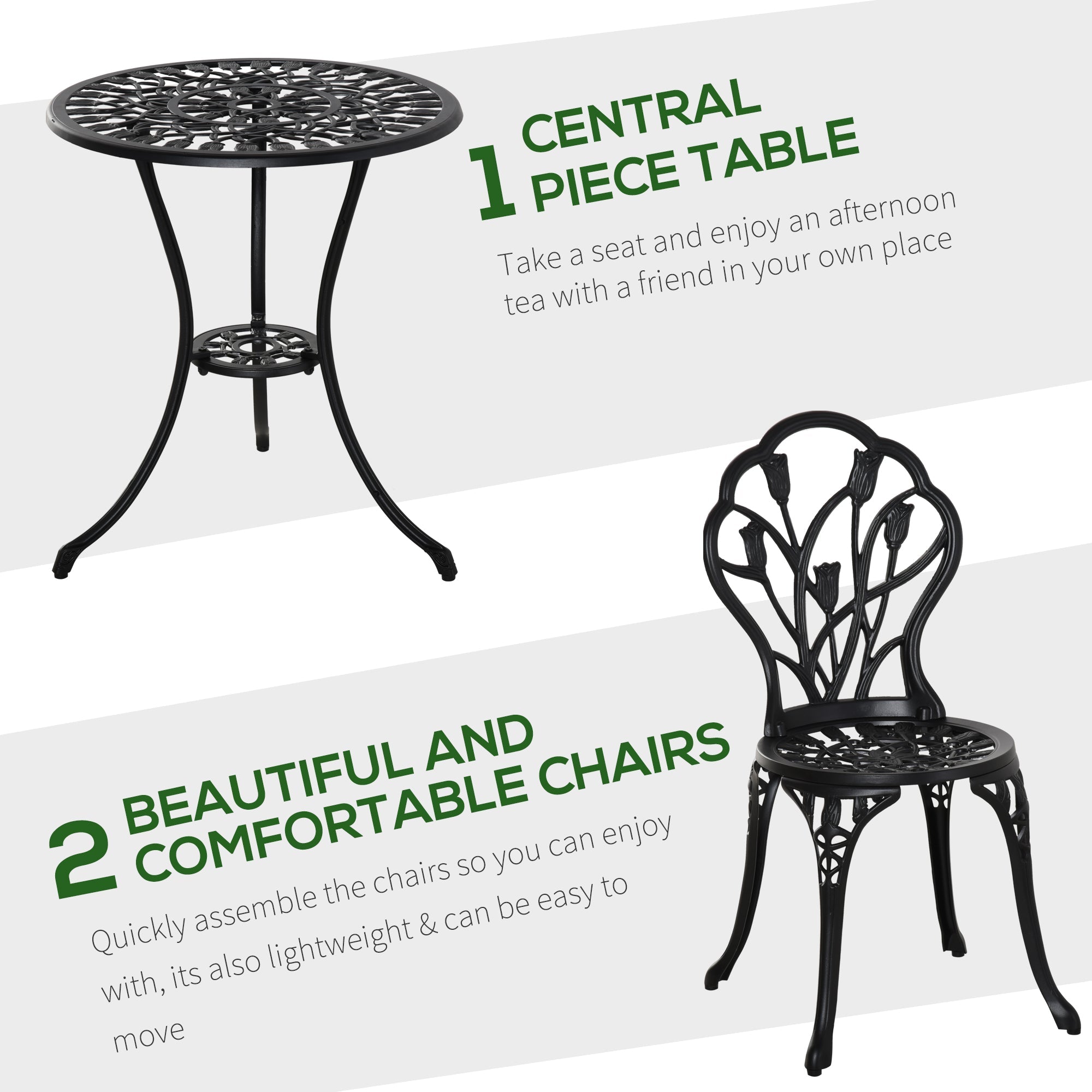 Outsunny Patio Bistro Set 3pc Cast Aluminum Outdoor Furniture with Umbrella Hole Garden Table & Chairs Black