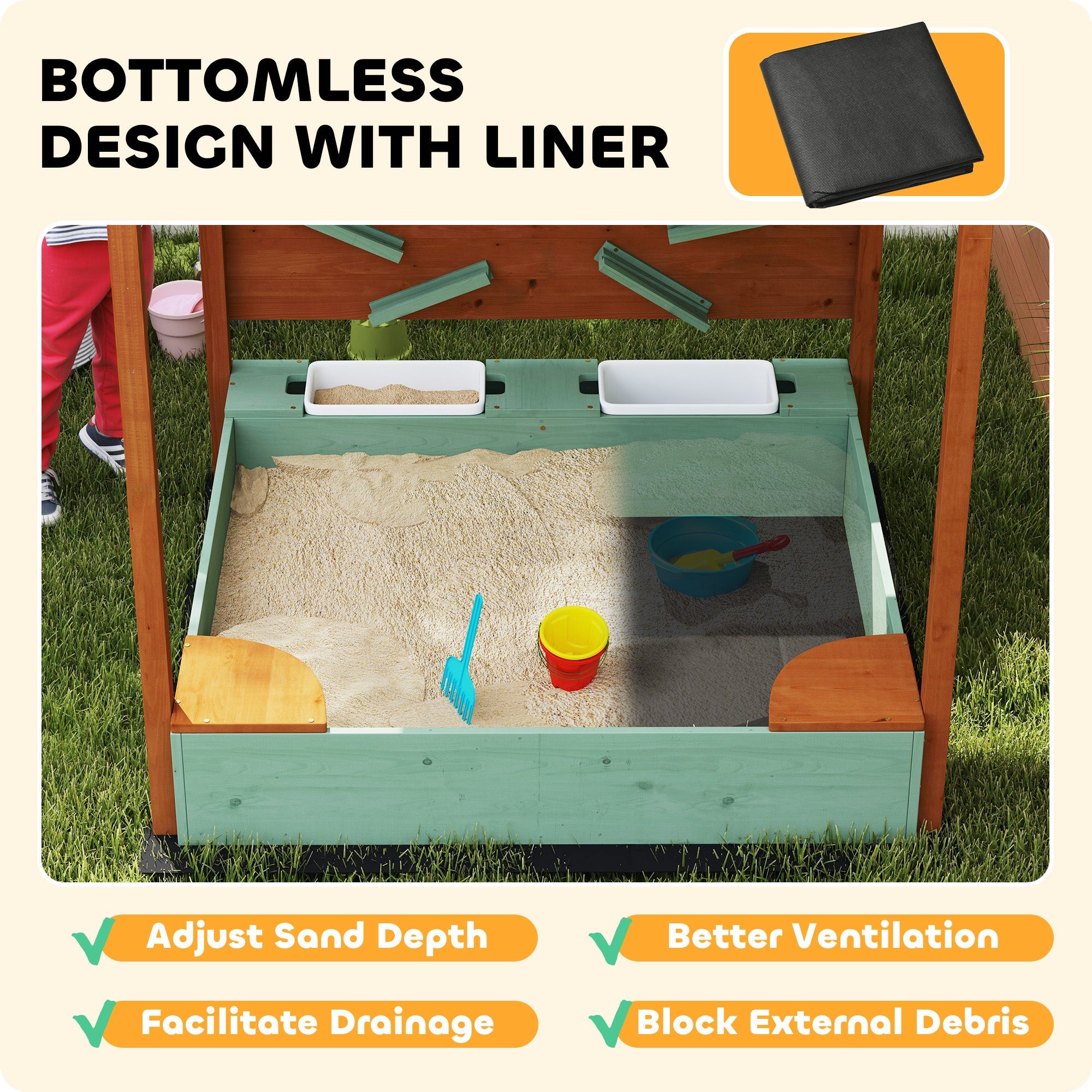 Qaba Wooden Kids Sandbox with Canopy, Sand Wall, Bottom Liner, for 3-6 Years, 46" x 44" W x 50", Green