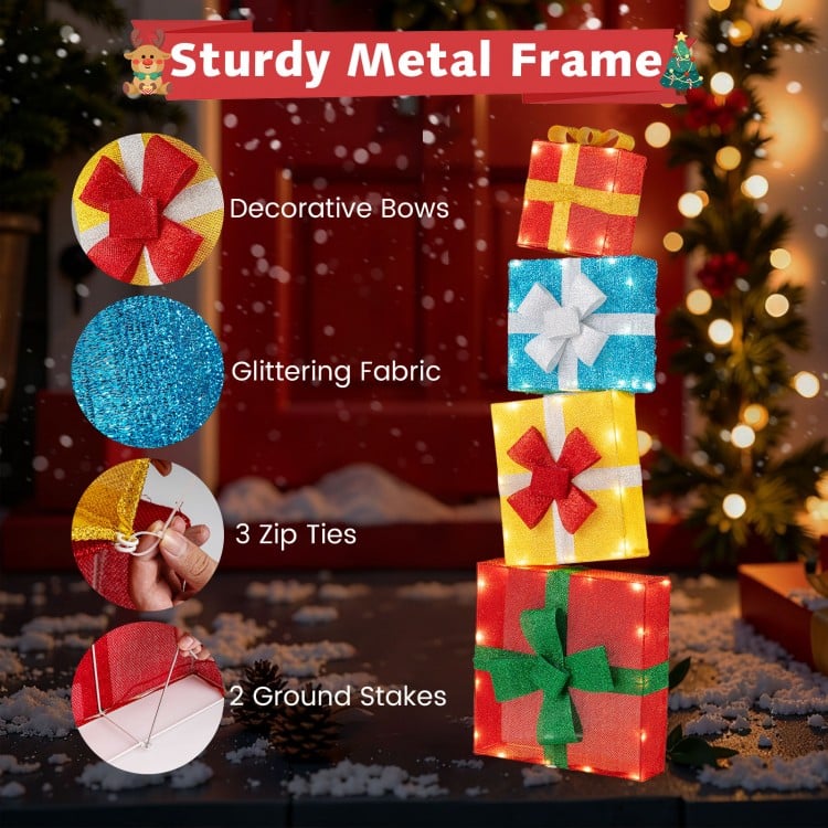 Lighted Gift Boxes Christmas Decoration 2D Set of 4 Pre-Lit Stacked Xmas Gift Boxes