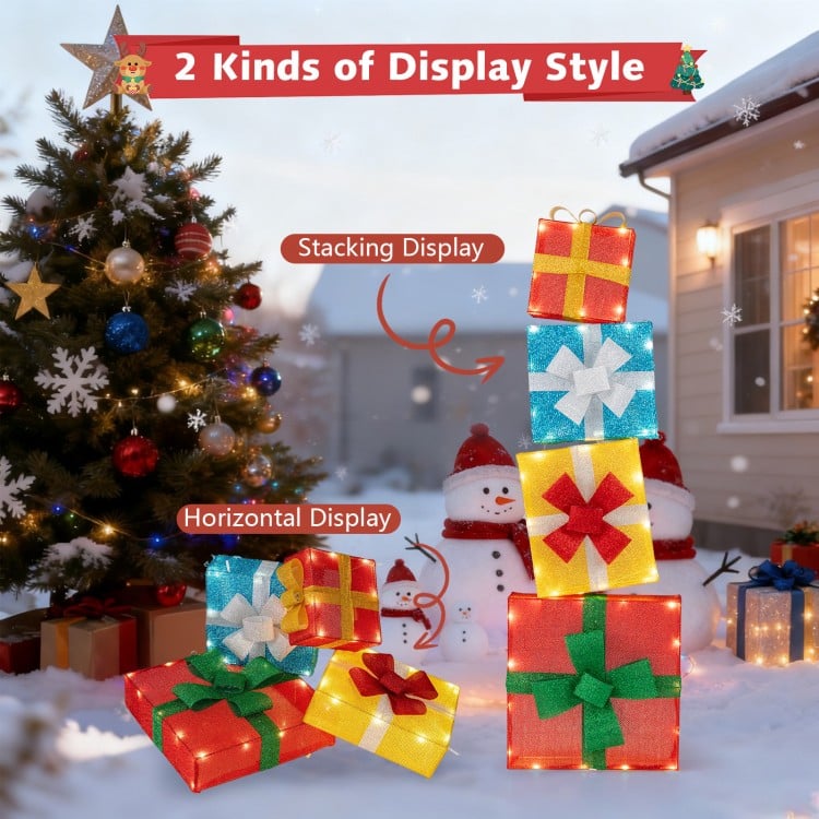 Lighted Gift Boxes Christmas Decoration 2D Set of 4 Pre-Lit Stacked Xmas Gift Boxes