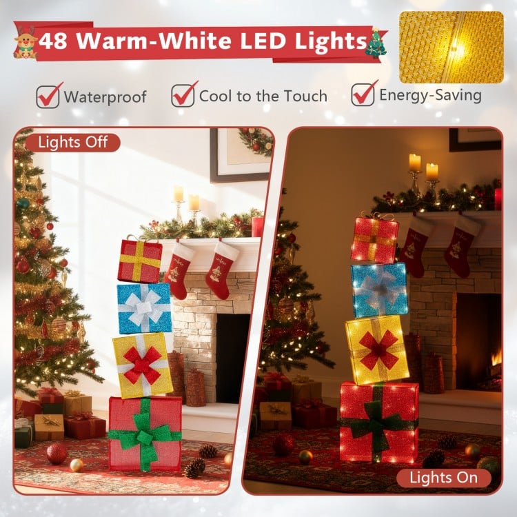 Lighted Gift Boxes Christmas Decoration 2D Set of 4 Pre-Lit Stacked Xmas Gift Boxes
