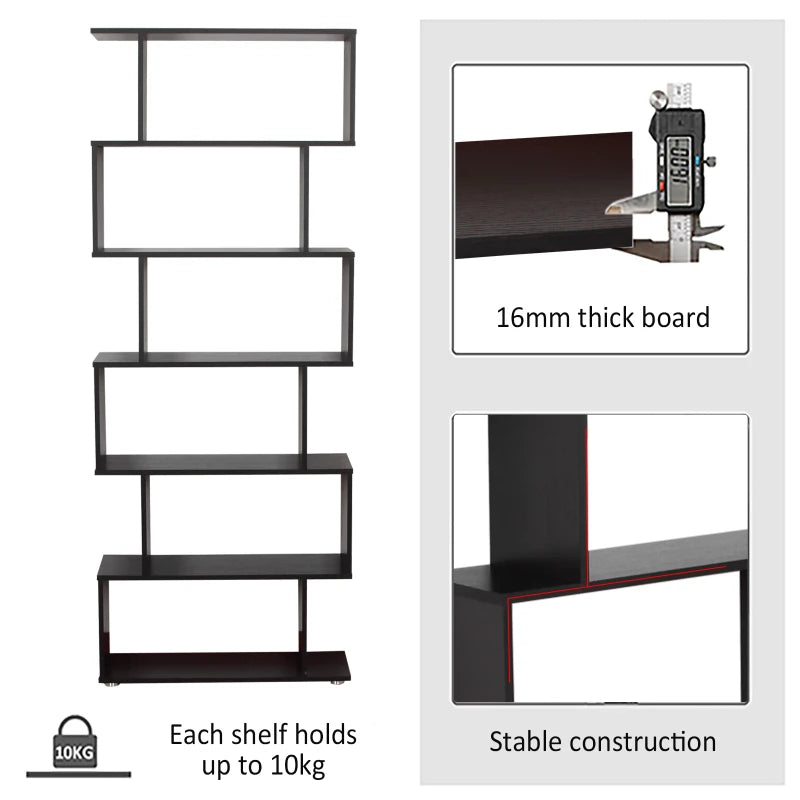 Wooden S Shape Bookcase 6 Shelves Storage Display Home Office Furniture