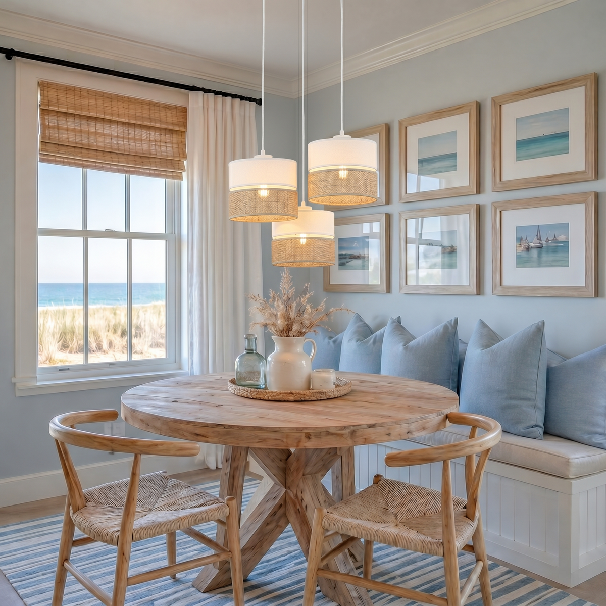 LINOBIANCO 3-Light Cluster Pendant with Linen & Jute Shades for Dining, Kitchen & Living Room
