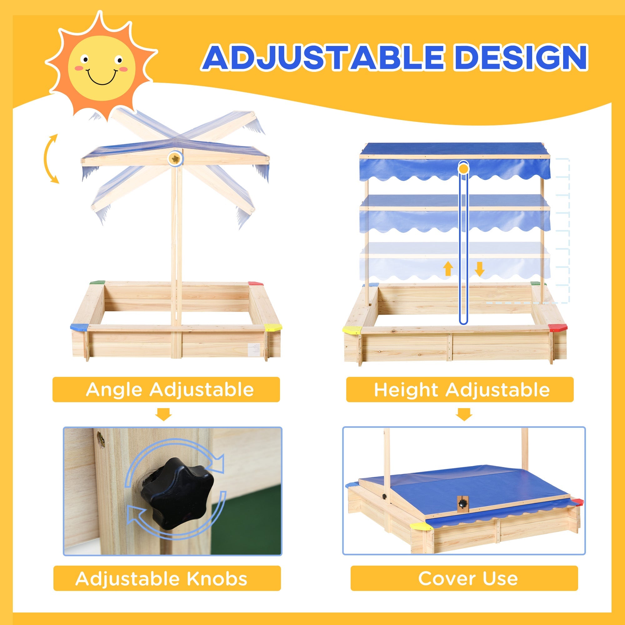 Outsunny Kids Wooden Sandbox, Play Station for Children Outdoor, with Adjustable Canopy Shade, Seats, for Backyard, Beach