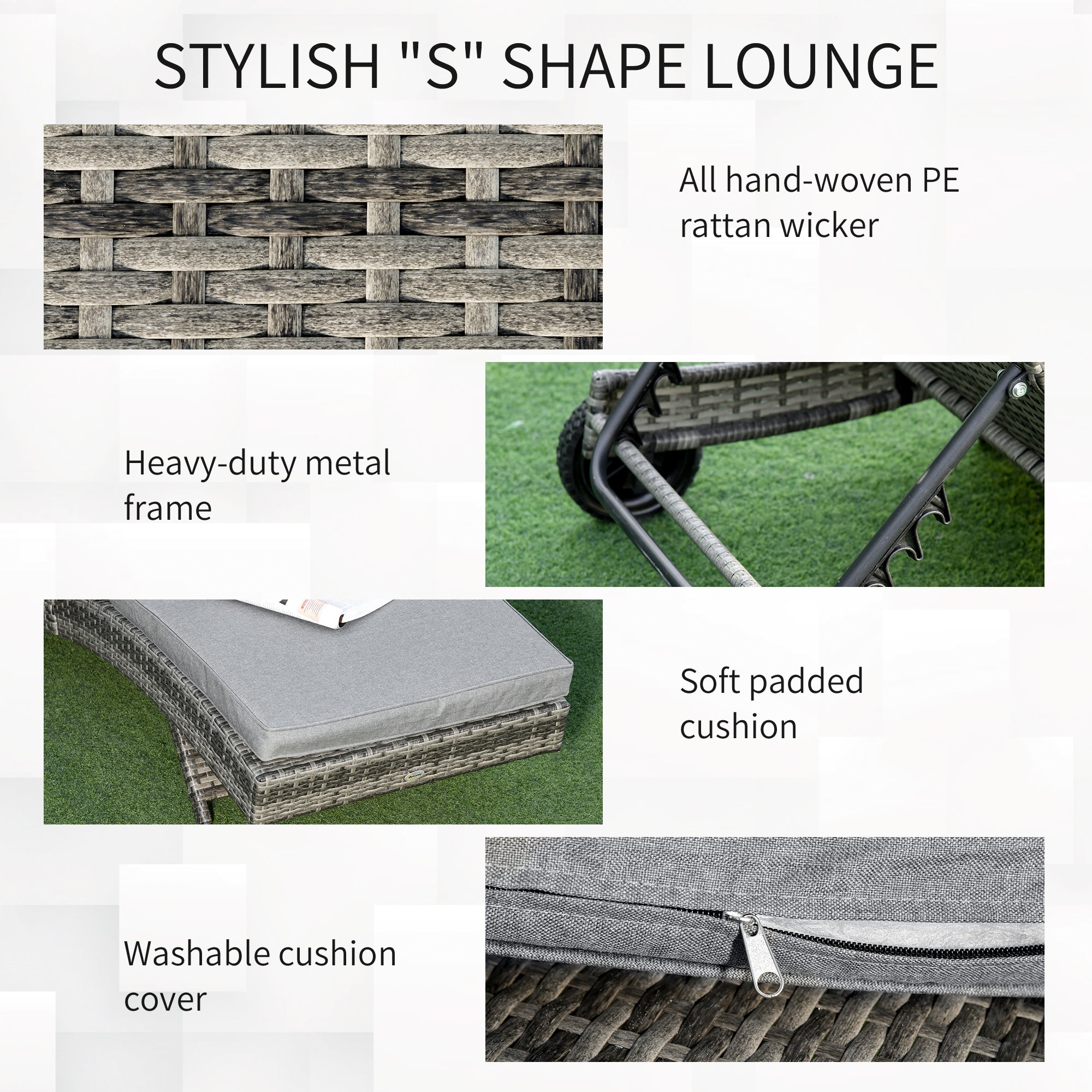 Outsunny Rattan Wicker Sun Lounger with Adjustable Backrest S Shape Outdoor Chaise Lounge Relaxer for Patio Deck Poolside Grey