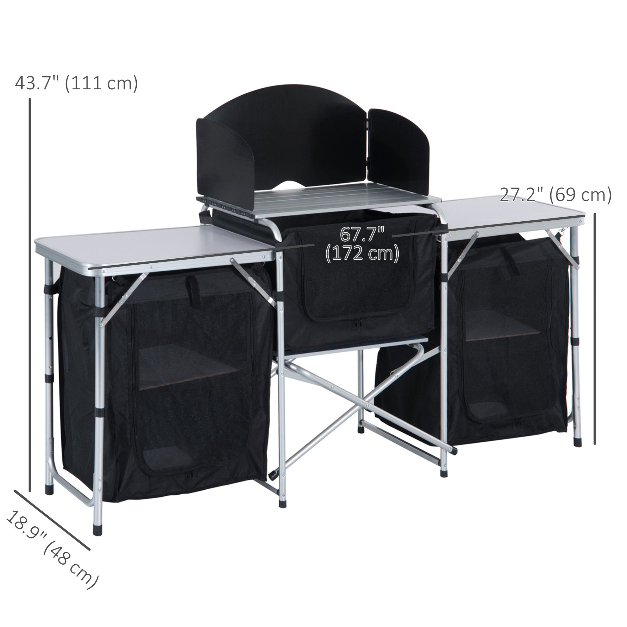 Outsunny Folding Camping Kitchen Table with Carrying Bag, Windscreen and 3 Enclosed Cupboards, Aluminum Cook Station, Black