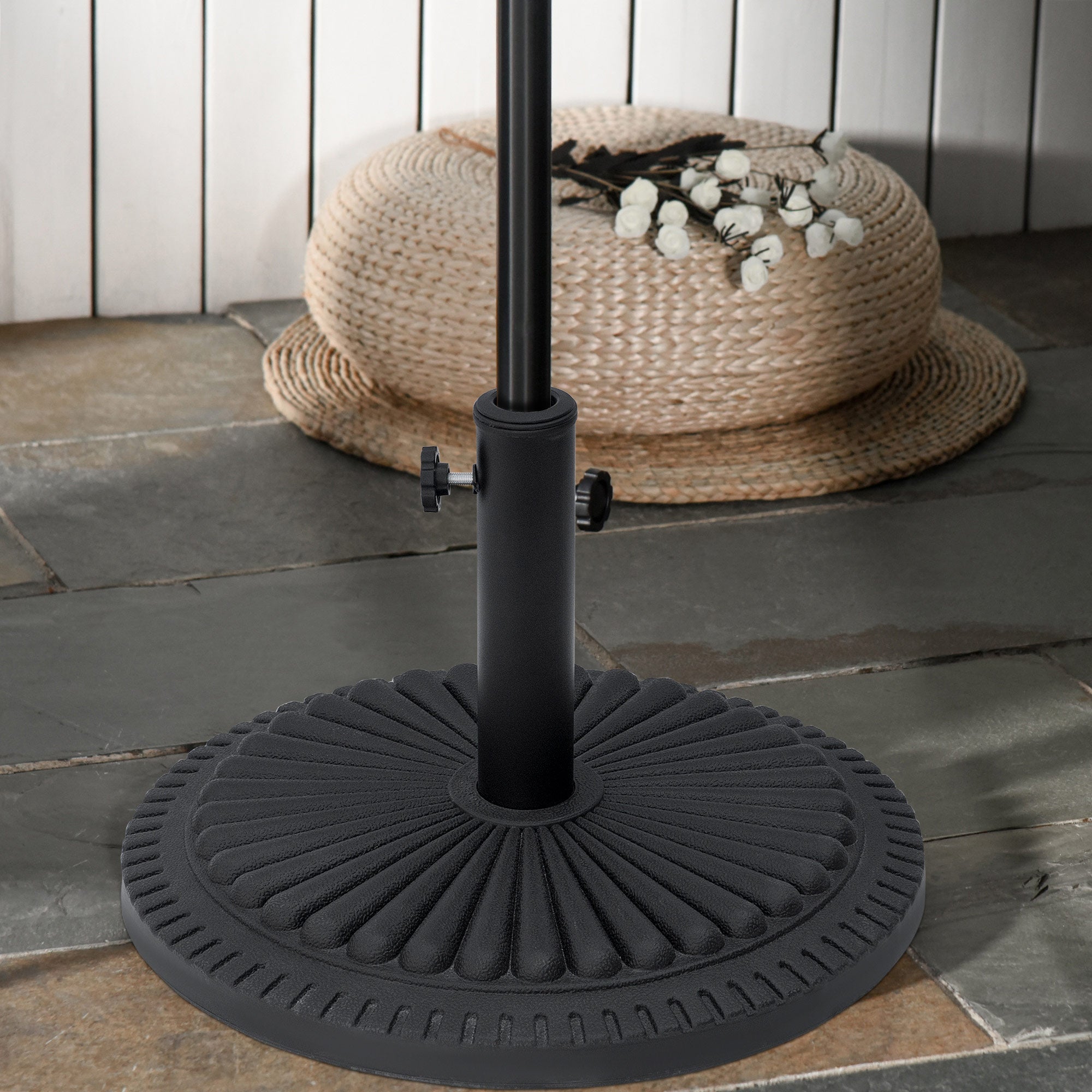 Outsunny Umbrella Base: Round Cement Parasol Stand Fits Φ1.4" Φ1.5" Φ2" Pole for Outdoor Backyard Black