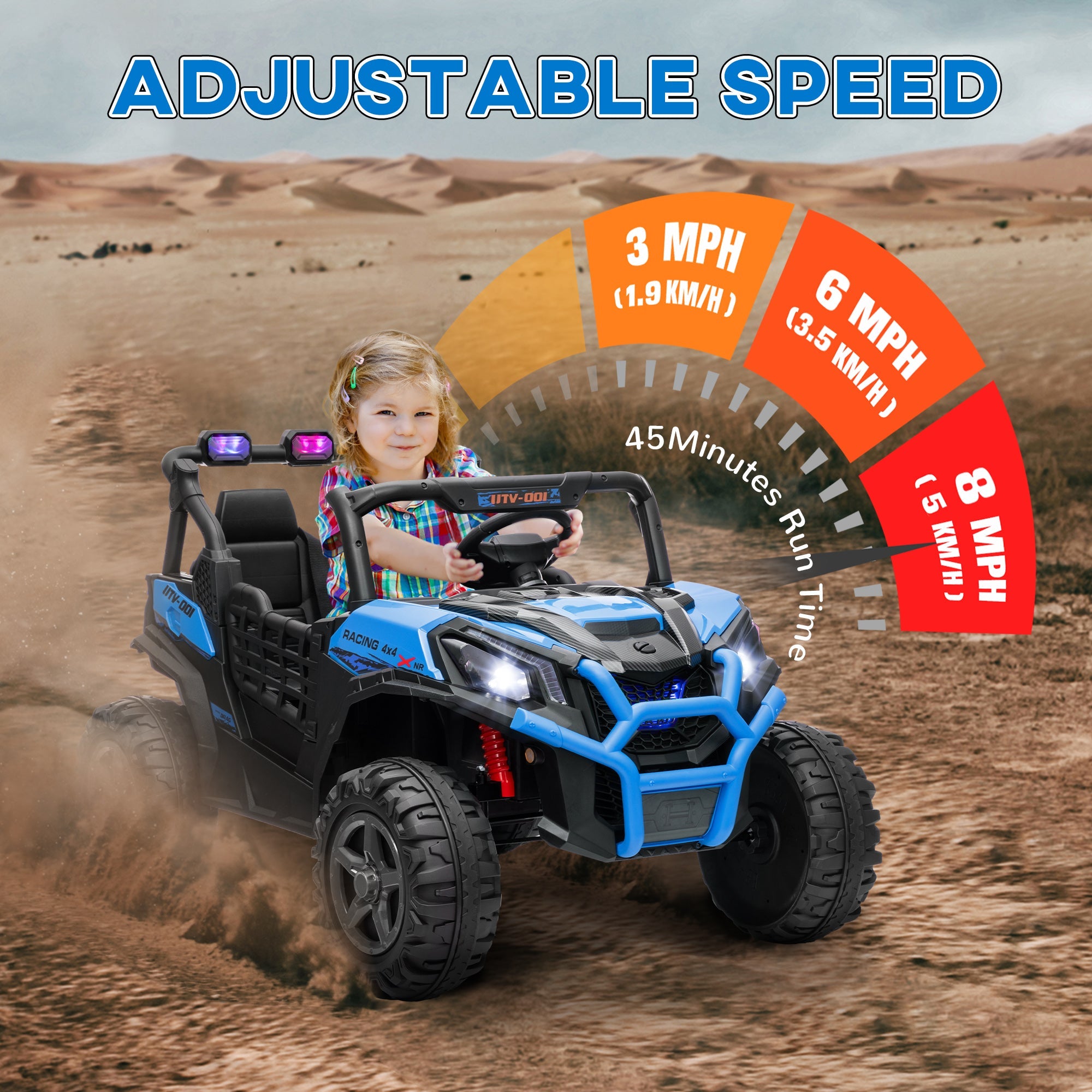 Qaba 2 Seater 24V Electric Car for Kids w/ Remote Control, 3 Speed, LED Lights, Music, Horn, Spring Suspension, Blue