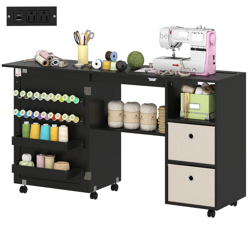 Rolling Sewing Machine Table with Power Outlet, Folding Craft Table with 2 Fabric Drawers, 2 Bins and 18 Pegs, Black