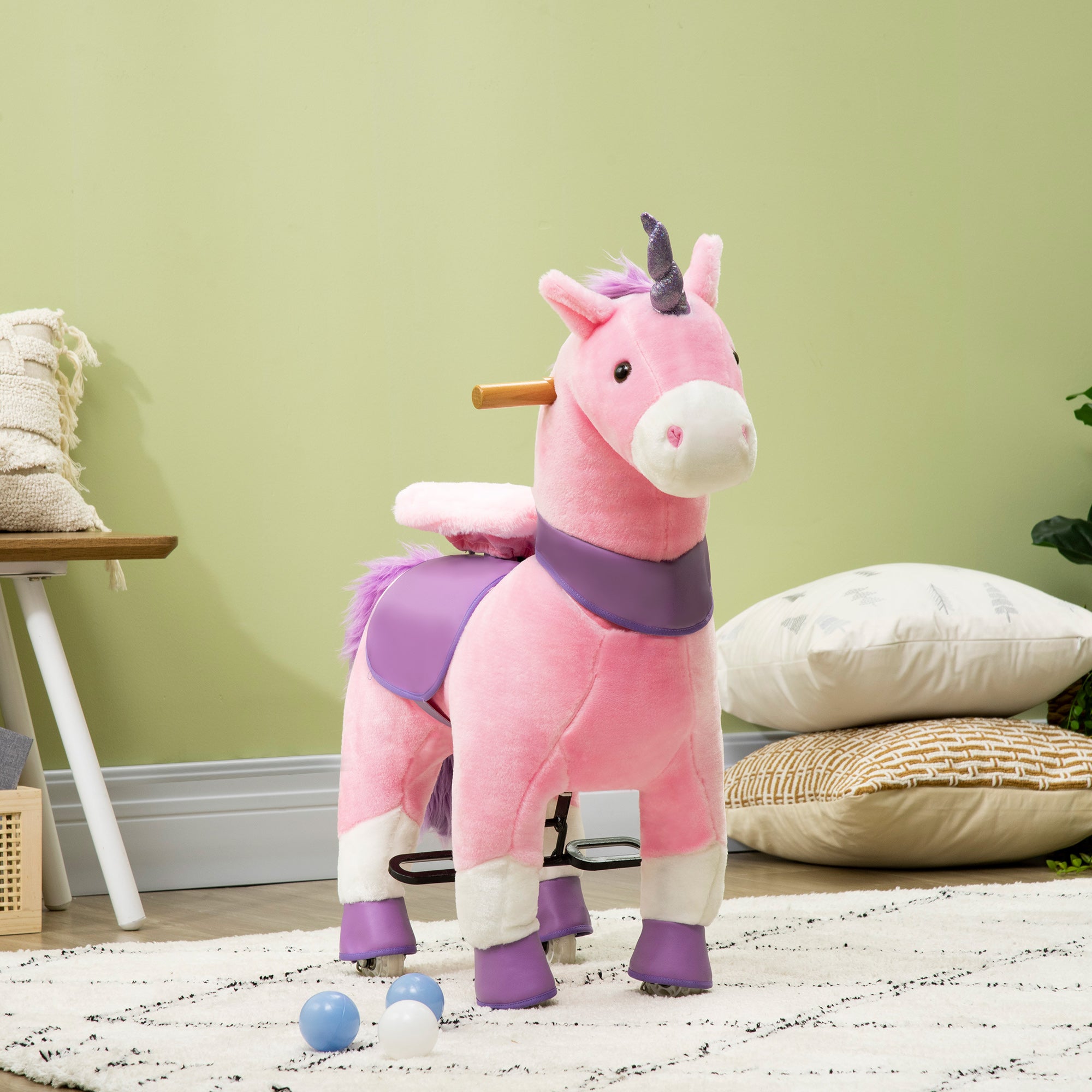 Qaba Pink Unicorn Walking Horse - Mechanical Ride On Pony Toy with Wheels, Ideal Gift for 3-6 Years, Girls & Boys
