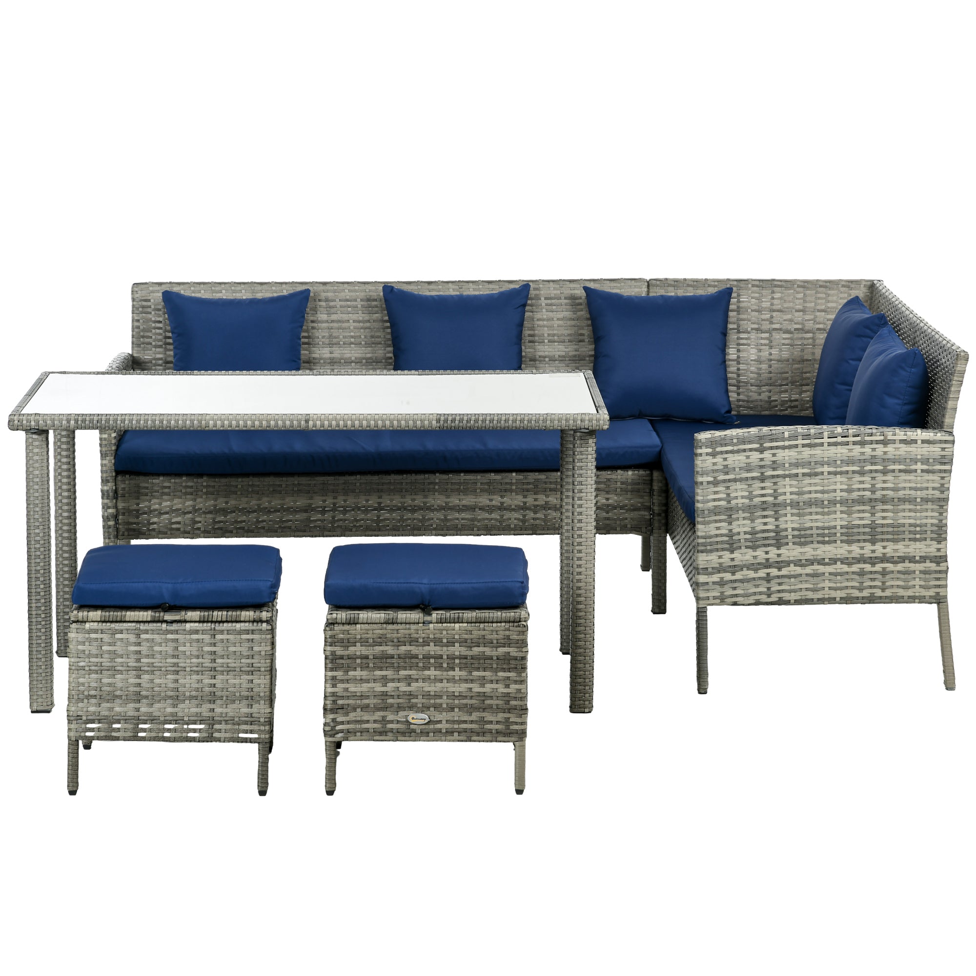 Outsunny 5-Piece Navy Blue Wicker Patio Dining Set, Outdoor Conversation Furniture with Cushions, Table, Ottomans