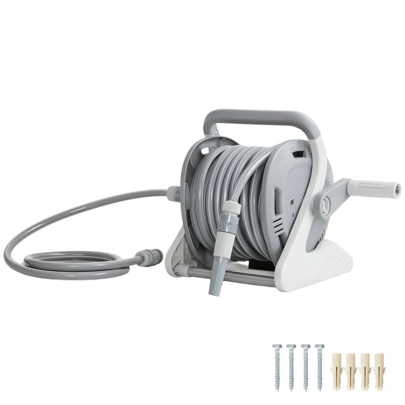 Portable Garden Hose Reel, 1/2" x 66ft Wall Mounted Hose Reel with 2 Patterns Spray Nozzle and Crank Handle, Grey