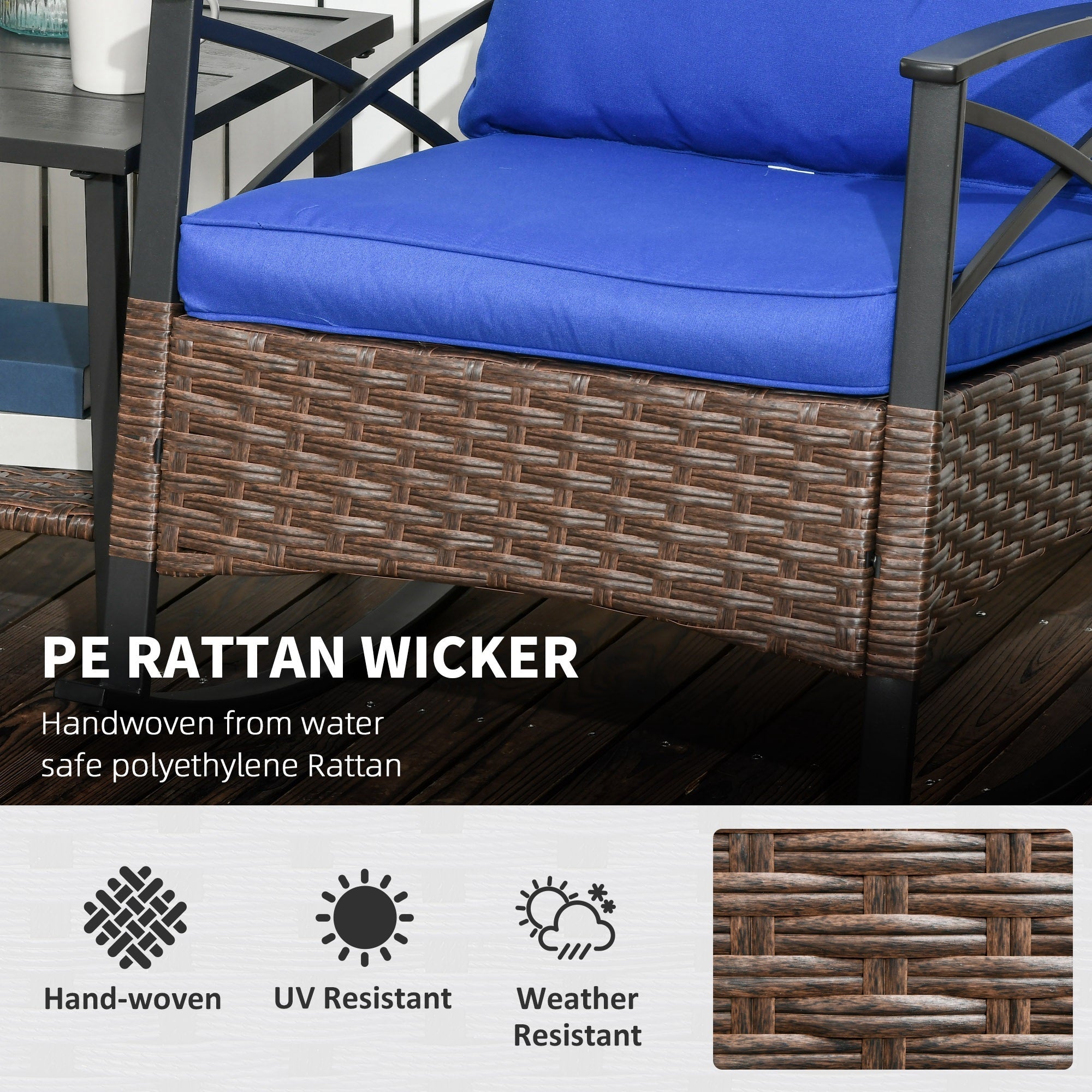 Outsunny Rocking Chair Set 3PC Outdoor PE Rattan Bistro Set with Two-tier Table Padded Cushions Dark Blue