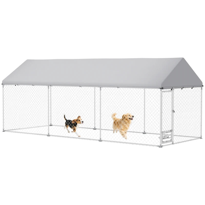 Outdoor Dog Run with Adjustable & Rotatable Bowls, Waterproof UV-Resistant Cover, Escape-Proof Lock, 19.7' x 7.5' x 7.5'