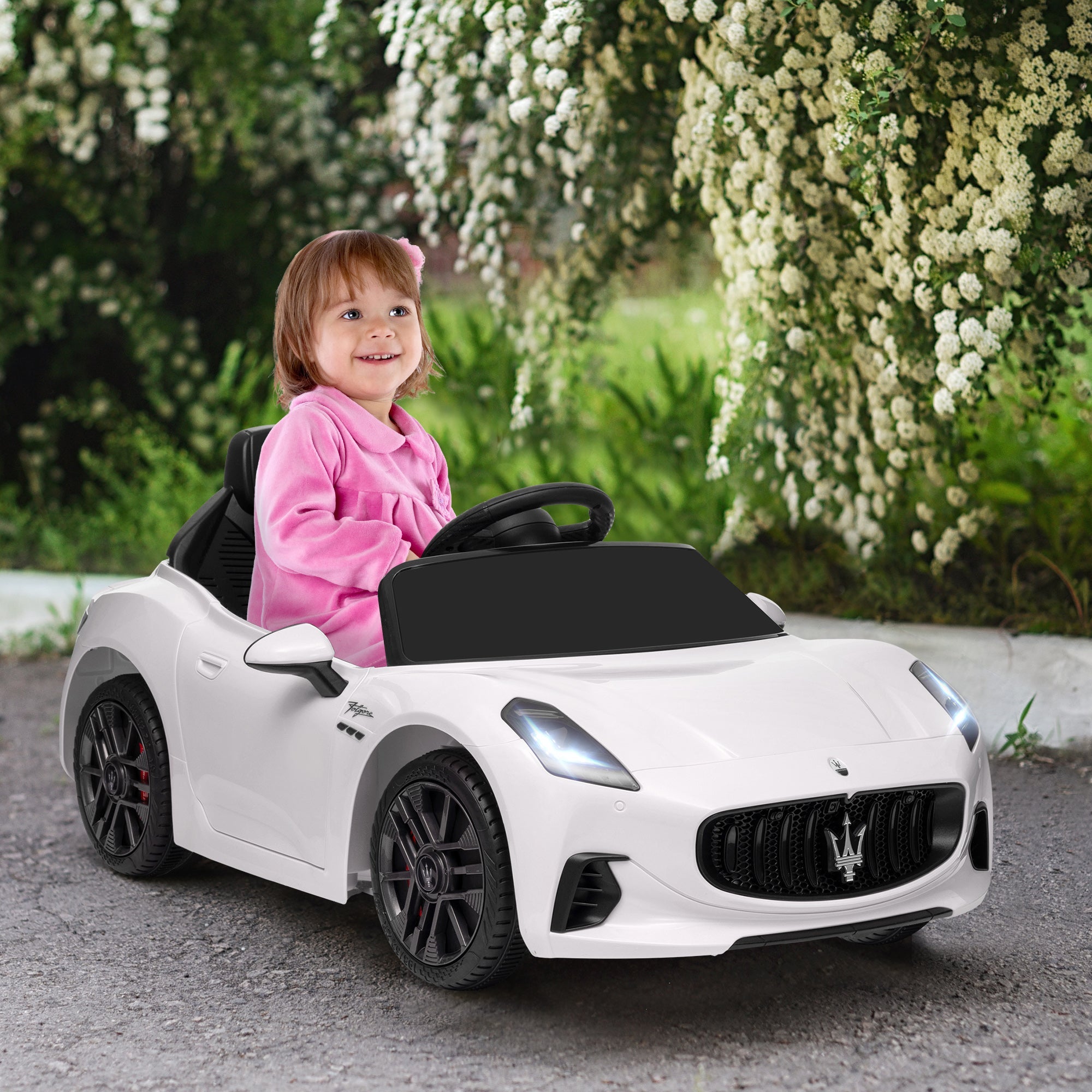 Qaba 12V Maserati Gran Turismo Licensed Kids Electric Car w/ Remote Control, Soft Start, LED Lights, Music, Horn, MP3, White
