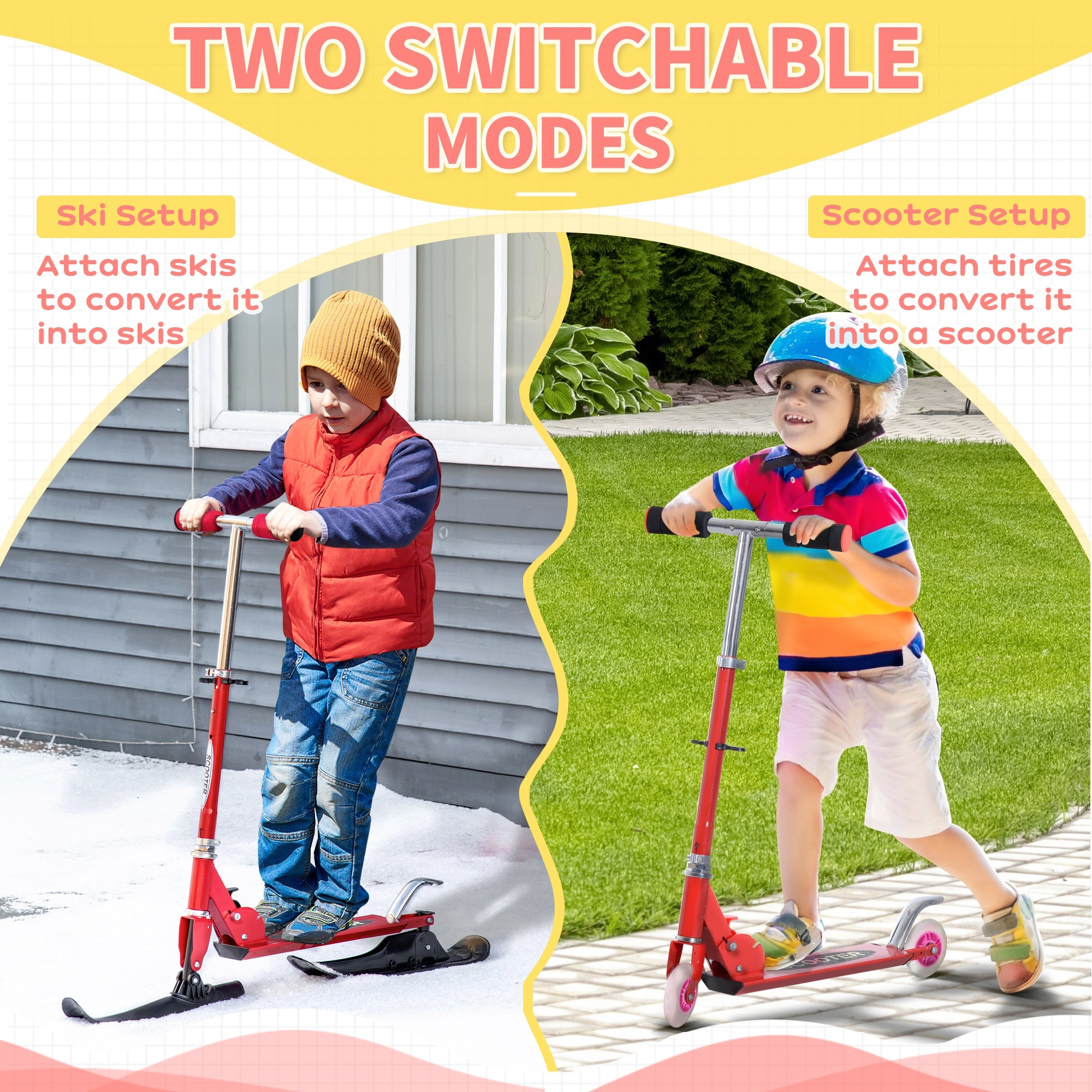 Qaba 2-in-1 Red Scooter for All Seasons - Convertible Street & Snow Scooter with Wheels & Blades