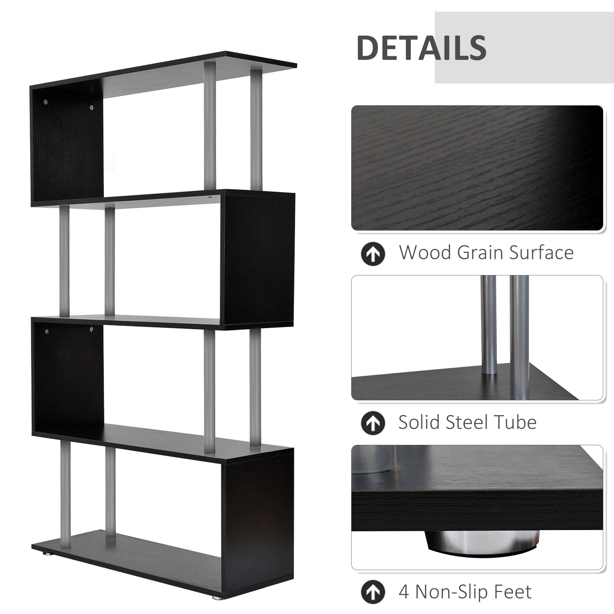HOMCOM 5-Tier Z-Shape Bookcase: Wooden Shelves with Steel Frame for Living Room, Bedroom, Office, Black