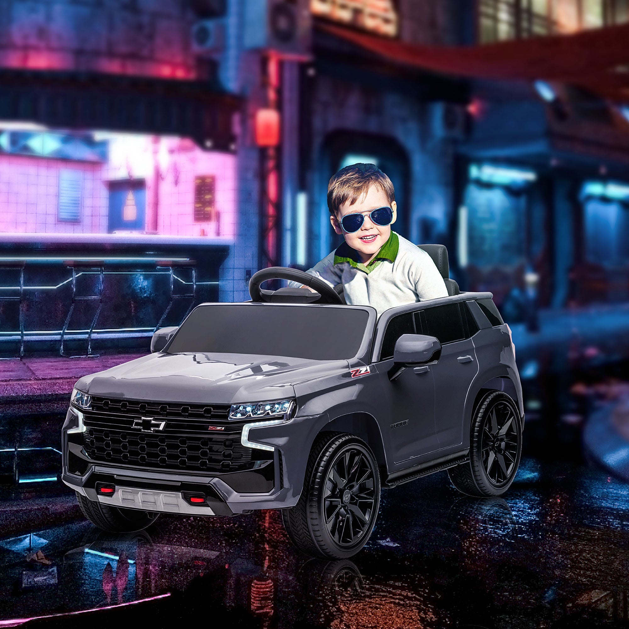 Aosom 12V Chevrolet TAHOE Kids Ride On Car Remote Control MP3 Music Lights Electric Toy Truck 3-6 Years Grey