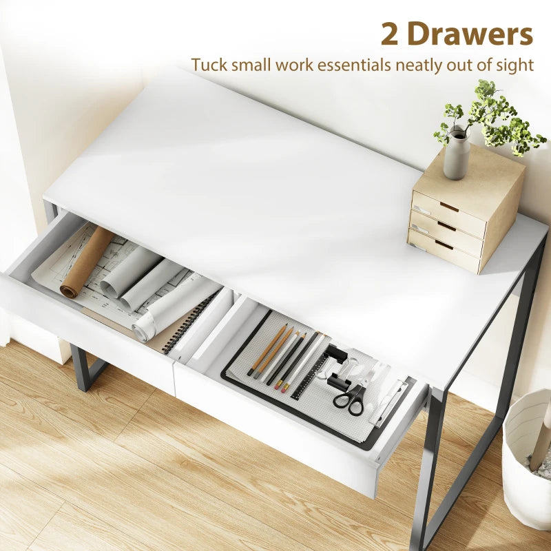 High Gloss Home Office Desk, 39" x 20" Computer Desk with 2 Drawers for Small Spaces, White and Grey