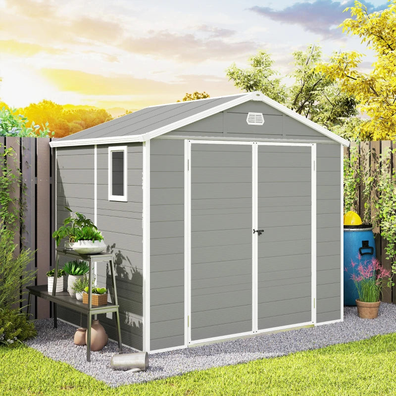 8' x 6' Plastic Garden Storage Shed with Latch Door, Vents, Sloped Roof, Light Grey
