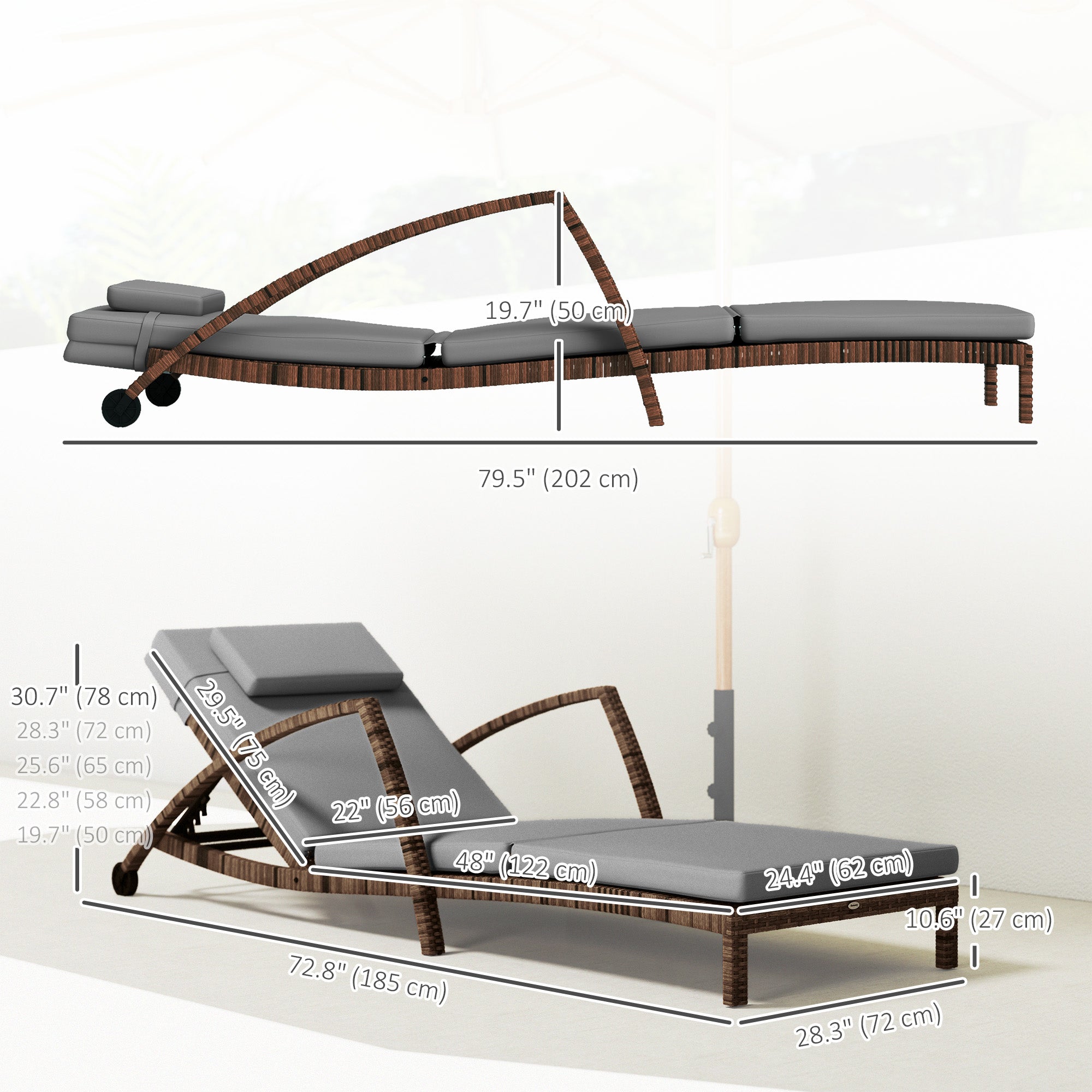 Outsunny Set of 2 Wicker Chaise Lounge Chair Outdoor Patio Lounger with 5 Adjustable Back, Wheels, Cushion and Armrests, Grey