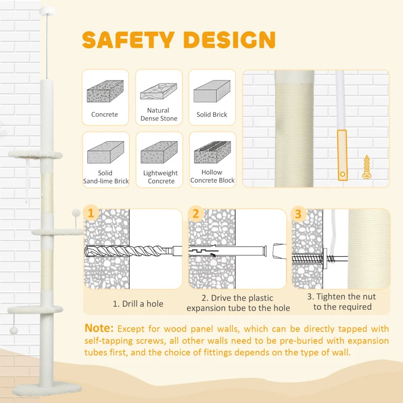 88.5"-100.5" Floor to Ceiling Cat Tree, Cat Tower with Scratching Posts, Cloud Shaped Platforms, Dangling Balls, Cream