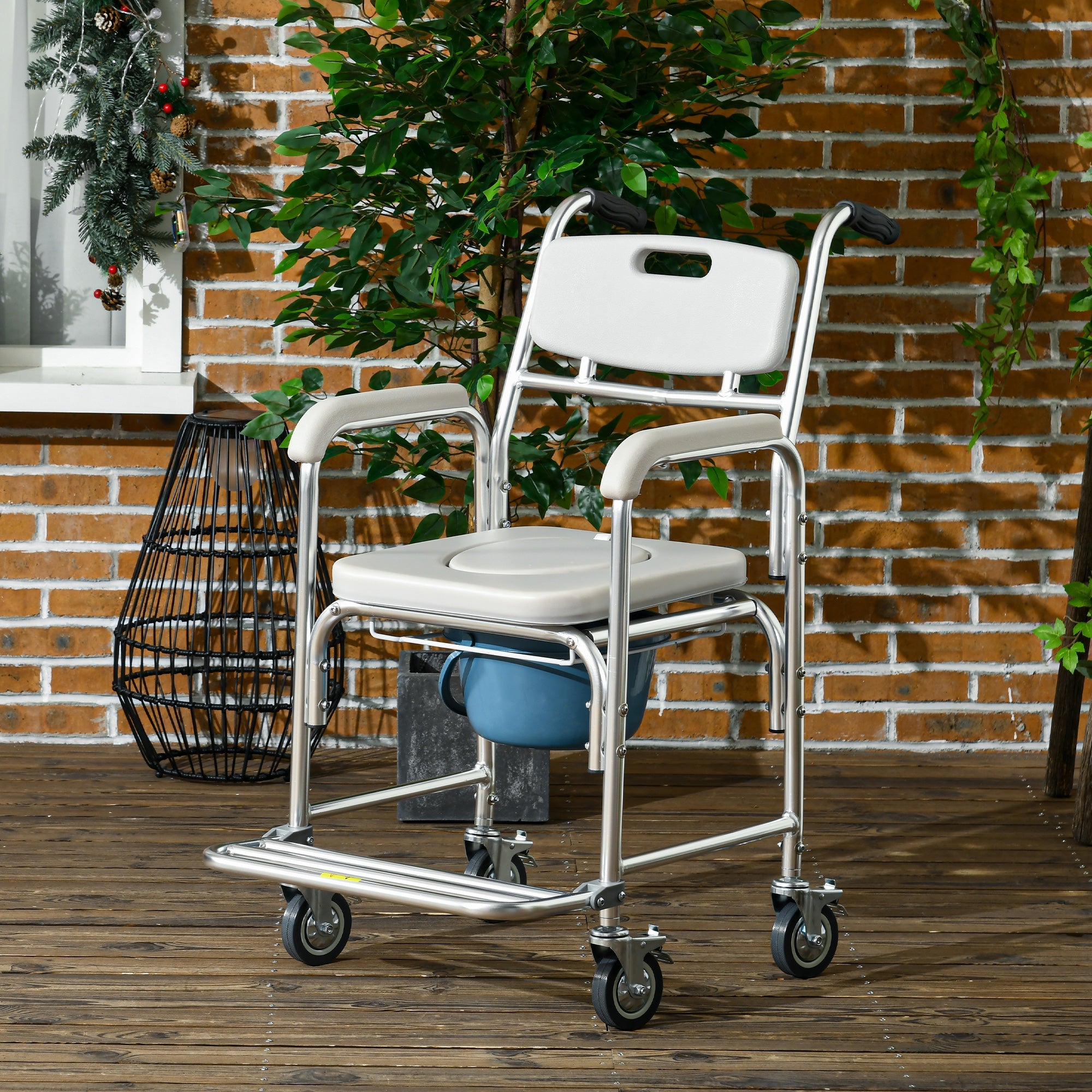 HOMCOM 3-in-1 Shower Commode Wheelchair, Transport Beside Commode Chair with Padded Seat for the Elder, Disabled