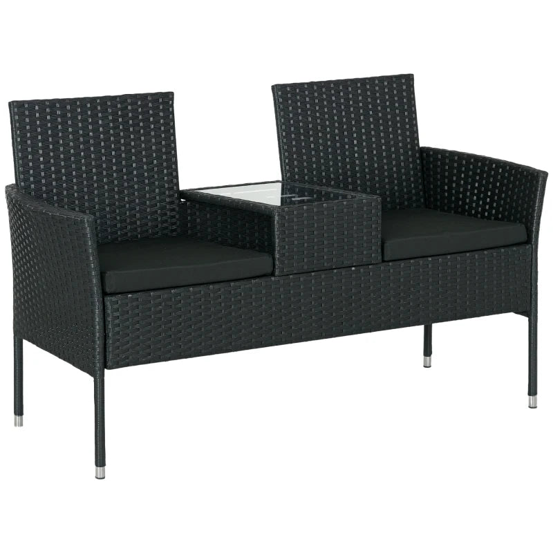 Patio Furniture w/ Mid-Table PE Rattan Loveseat w/ Cushion, Black