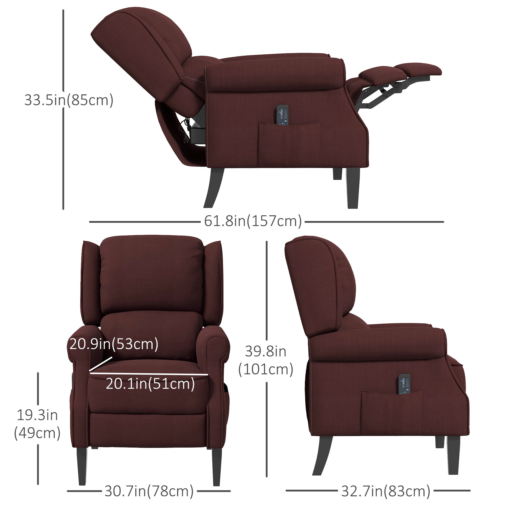 HOMCOM Push Back Recliner Chair with Vibration Massage Living Room Extendable Footrest Remote Pocket Brown