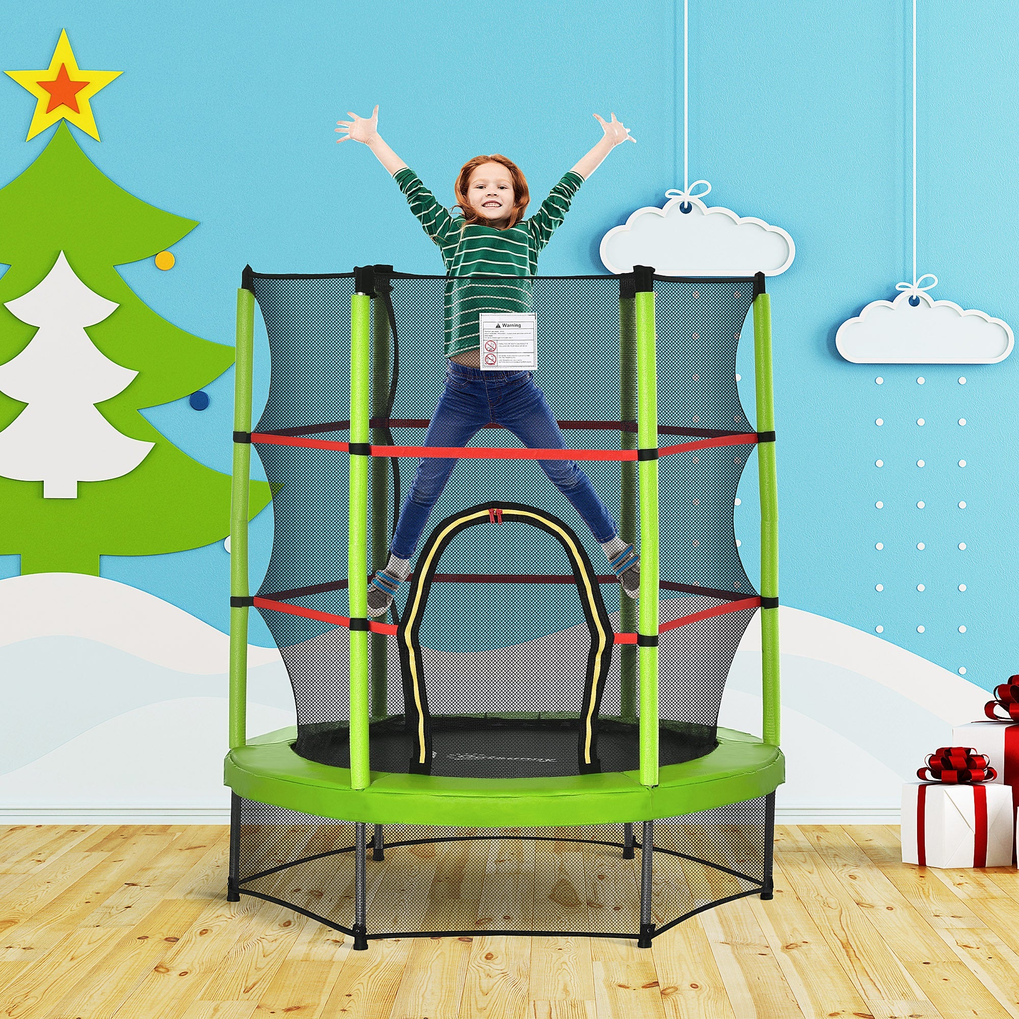 Outsunny Kids Trampoline: Φ55" Round, Safety Net, Indoor Bouncer, 3-6 Years, Steel Frame, Green