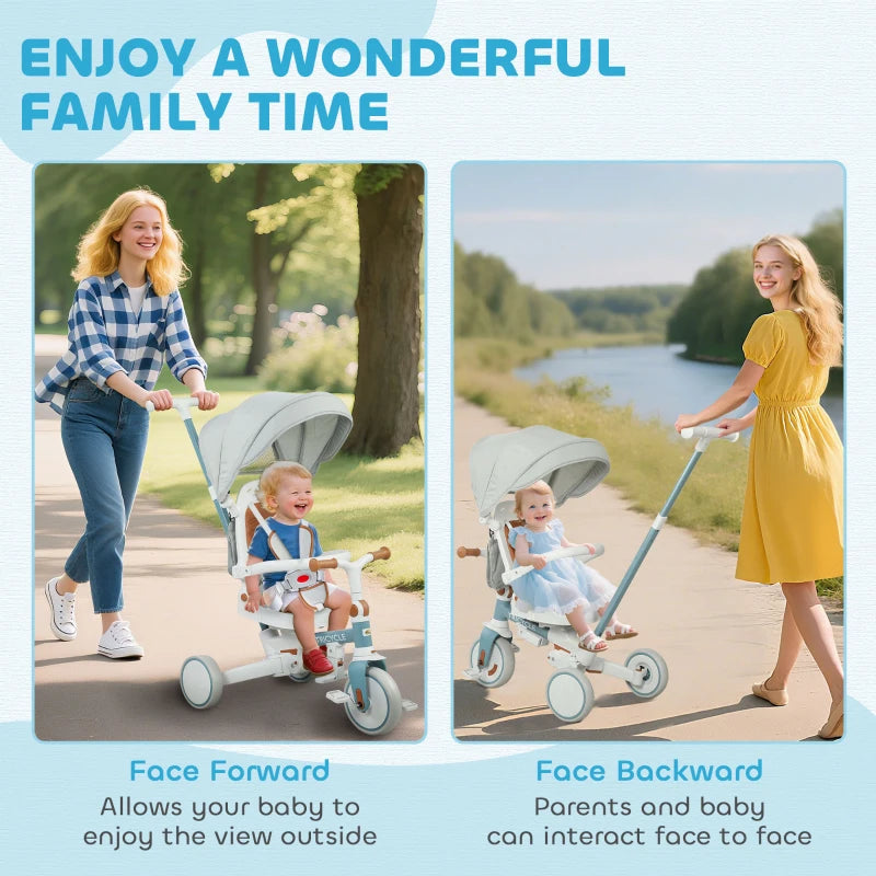 Qaba 7 in 1 Toddler Tricycle with Safety Harness, Adjustable & Removable Parent Handle, Canopy, Storage Bag, Brake, Blue