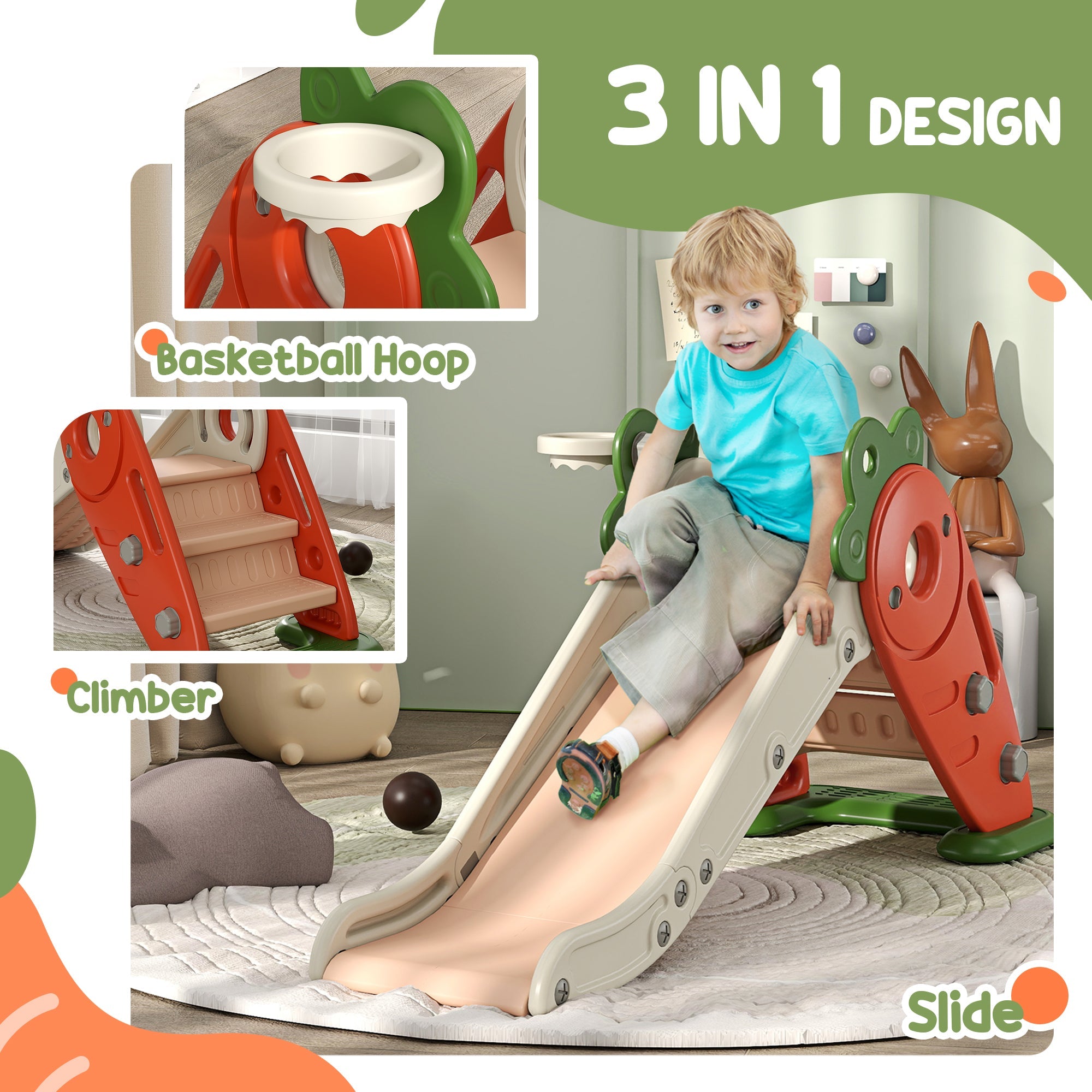 Qaba 3 in 1 Foldable Toddler Slide with Basketball Hoop, Climber, for 1-3 Years Old, Orange