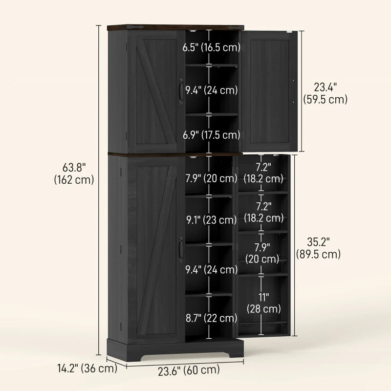 64" Tall Kitchen Pantry Cabinet with Spice Racks and Adjustable Shelves, Black Wood Grain