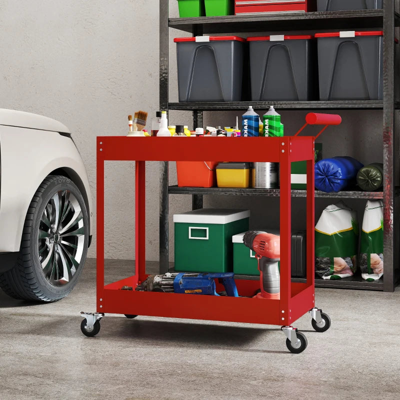Rolling Tool Cart, 2 Tier Mobile Service Utility Cart with Wheels, Red