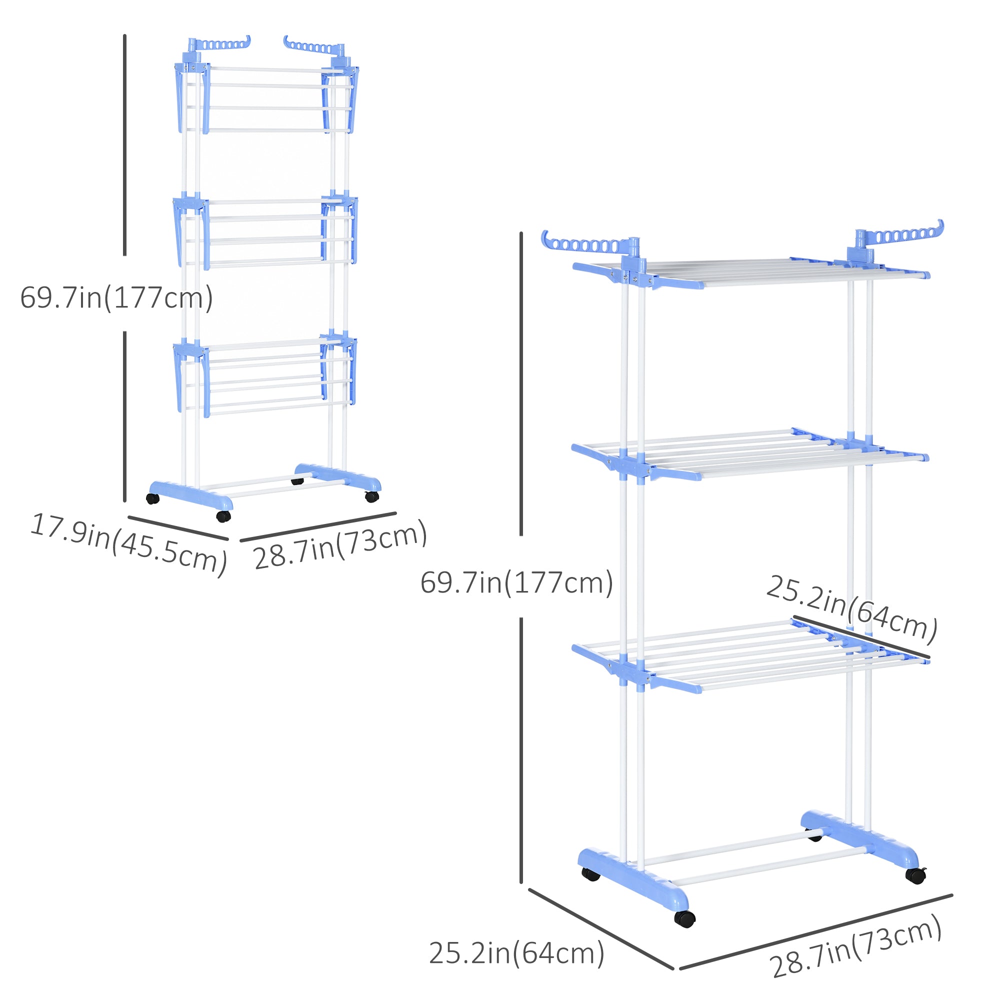 HOMCOM Foldable Clothes Drying Rack, 4-Tier Steel Laundry Racks for Drying Clothes with 2 Side Wings and 4 Castors,  Blue