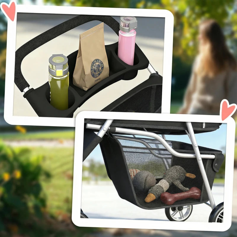 3 Wheels Foldable Dog Stroller with Storage Basket, Adjustable Canopy, Cupholder for Miniature and Small Dogs, Black